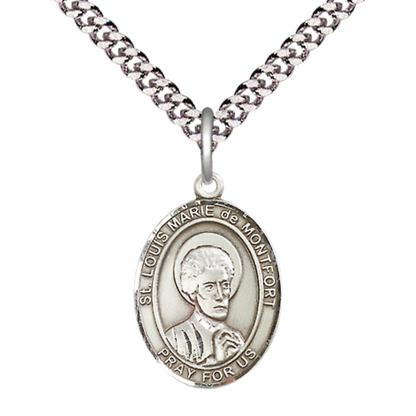 Medium Men's Pewter Saint St. Louis Marie de Montfort Medal Pendant on 24 Inch Endless Rhodium Plated Heavy Curb Brass Chain, Catholic Religious Necklace - Made in USA- Deluxe Velvet Gift Box