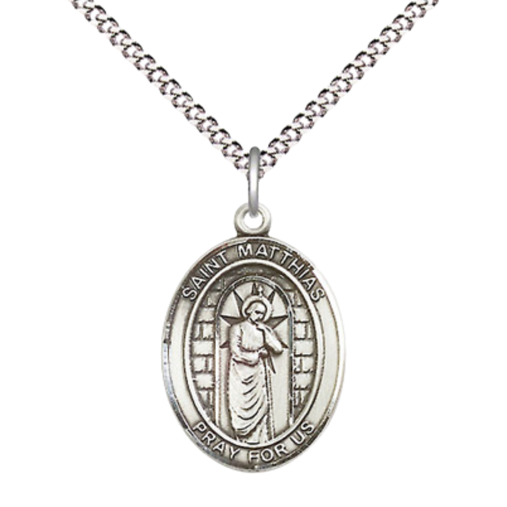 Medium Women's .925 Sterling Silver Saint St. Matthias the Apostle Pendant Necklace on 18- inch Rhodium- Plated Lite Curb Brass Chain – Patron Saint St. of Alcoholism and Carpenters, Catholic Medal – Velvet Gift Box Included