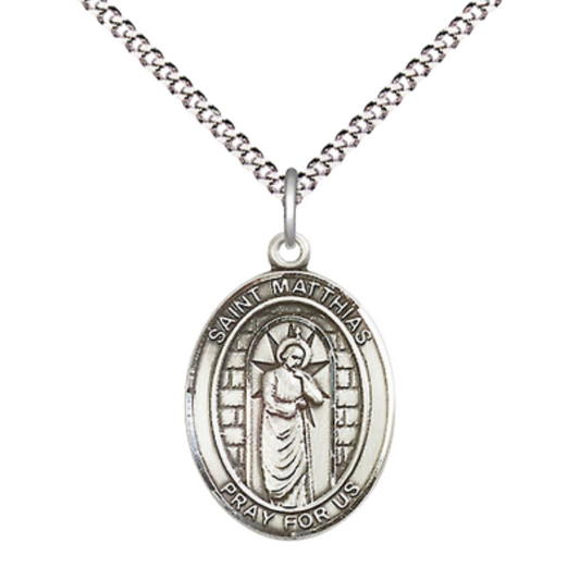 Medium Women's .925 Sterling Silver Saint St. Matthias the Apostle Pendant Necklace on 18- inch Rhodium- Plated Lite Curb Brass Chain – Patron Saint St. of Alcoholism and Carpenters, Catholic Medal – Velvet Gift Box Included