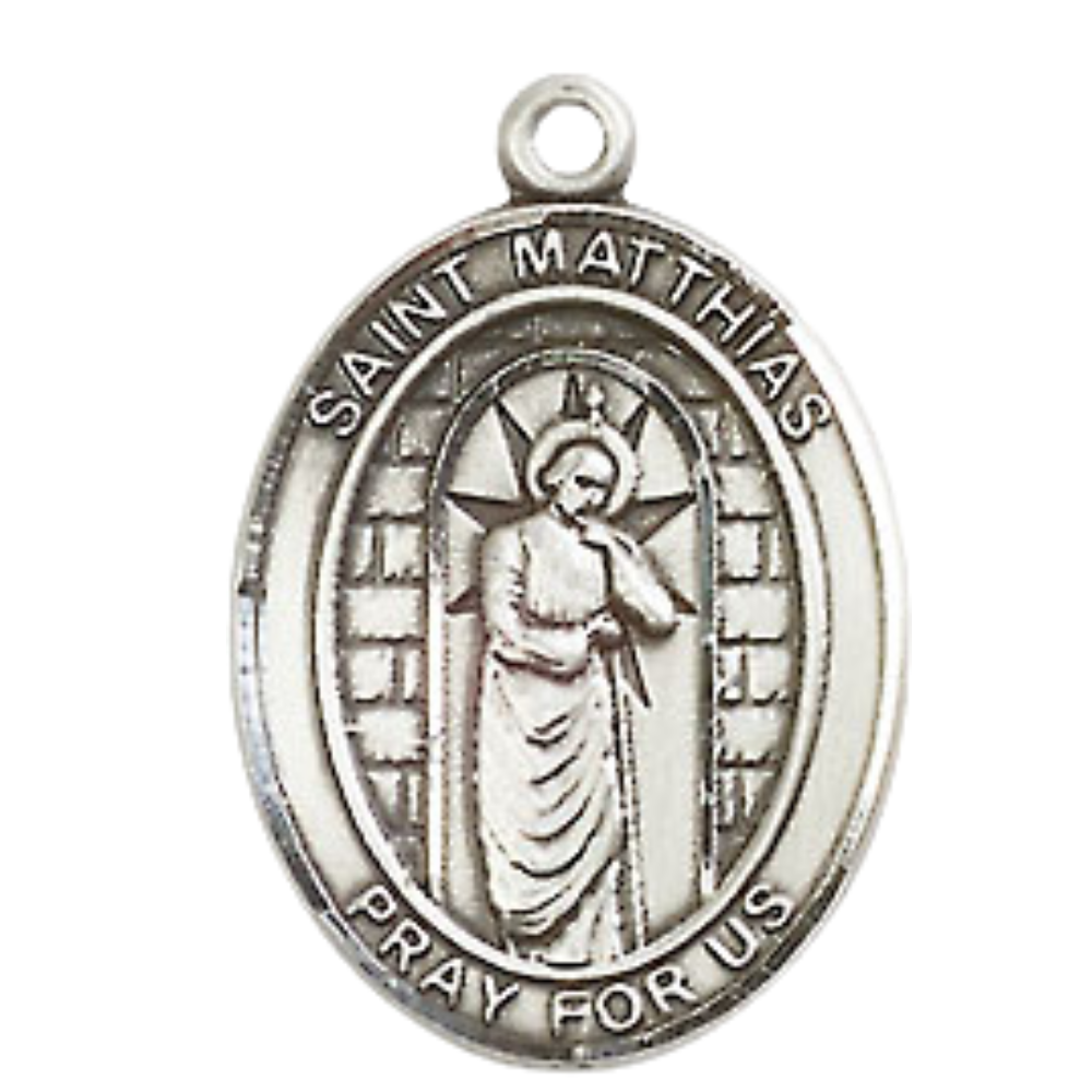 Mens Medium Oval Pewter Saint St. Matthias the Apostle Medal Pendant on 24 Inch Rhodium Plated Heavy Curb Brass Chain w/ Lobster Claw Clasp, Catholic Religious Necklace - Made in USA- Velvet Gift Box