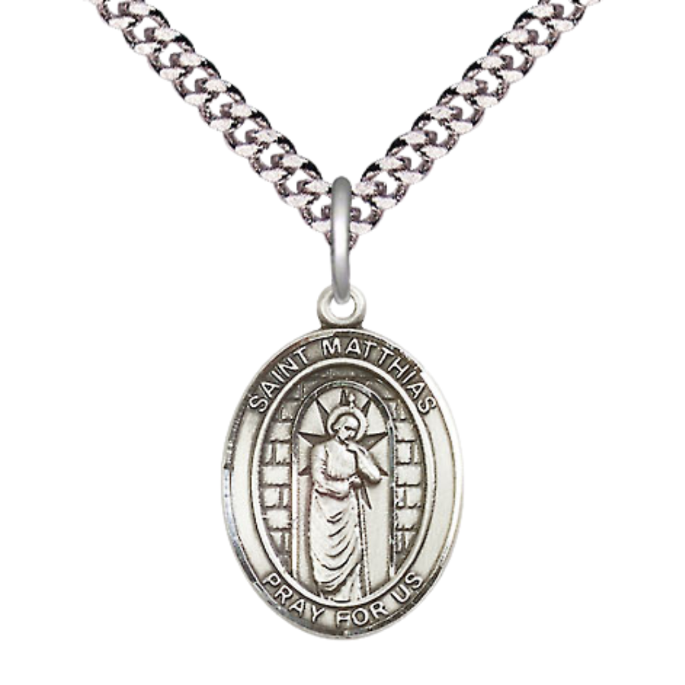 Everlasting Light Jewelry Medium Men's Pewter Patron Saint St. Matthias the Apostle Medal Pendant with 24 Inch Rhodium Plated Heavy Curb Chain Catholic Religious Necklace - Made in USA, Deluxe Velvet Gift Box