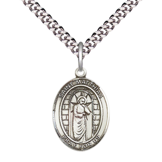 Everlasting Light Jewelry Medium Men's Pewter Patron Saint St. Matthias the Apostle Medal Pendant with 24 Inch Rhodium Plated Heavy Curb Chain Catholic Religious Necklace - Made in USA, Deluxe Velvet Gift Box