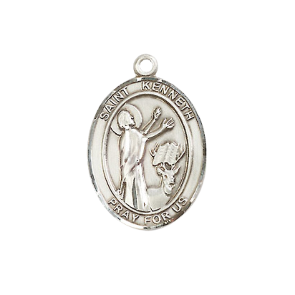 Everlasting Light Jewelry Medium Women's .925 Sterling Silver Saint St. Kenneth Pendant Necklace on 18- inch Rhodium- Plated Lite Curb Brass Chain – Patron Saint St. of Monastery of Agahanoe, Catholic Medal – Velvet Gift Box Included