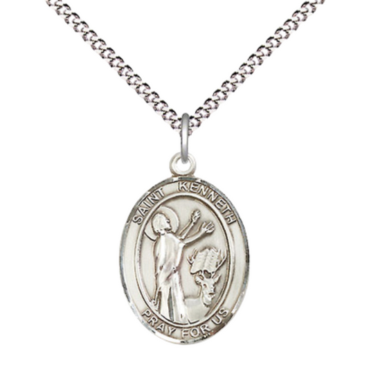 Medium Women's Pewter Saint Kenneth Pendant Necklace on 18-inch Rhodium-Plated Lite Curb Brass Chain – Saint Kenneth Medal – Patron Saint of Monastery of Agahanoe – Velvet Gift Box Included