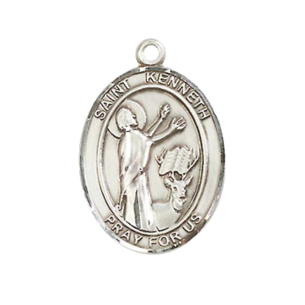 Medium Men's .925 Sterling Silver Saint St.Kenneth Medal Pendant on 24 Inch Endless Rhodium Plated Heavy Curb Brass Chain, Catholic Religious Necklace -Made in USA- Deluxe Velvet Gift Box