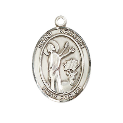 Medium Men's .925 Sterling Silver Saint St.Kenneth Medal Pendant on 24 Inch Endless Rhodium Plated Heavy Curb Brass Chain, Catholic Religious Necklace -Made in USA- Deluxe Velvet Gift Box