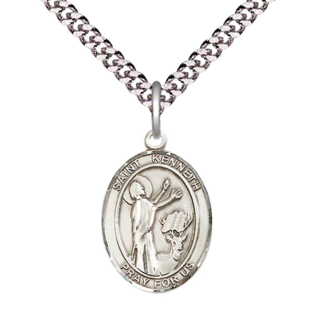 Medium Men's .925 Sterling Silver Saint St.Kenneth Medal Pendant on 24 Inch Endless Rhodium Plated Heavy Curb Brass Chain, Catholic Religious Necklace -Made in USA- Deluxe Velvet Gift Box