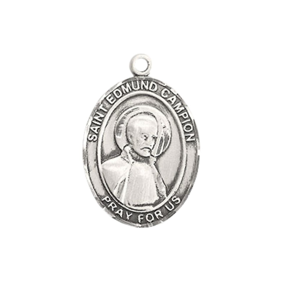Everlasting Light Jewelry Medium Women's Sterling Silver Saint Edmund Campion Pendant Necklace on 18-inch Rhodium-Plated Lite Curb Brass Chain – Patron Saint of Wales – Velvet Gift Box Included