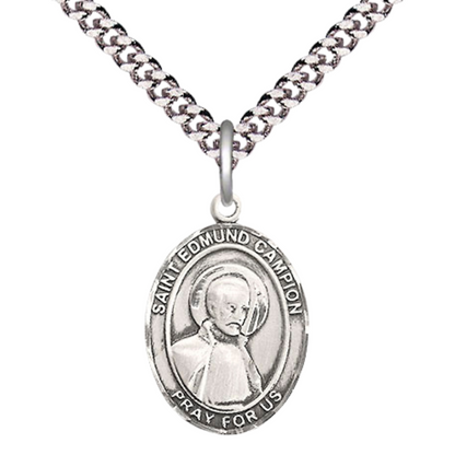 Medium Men's .925 Sterling Silver Saint St. Edmund Campion Medal Pendant on 24 Inch Endless Rhodium Plated Heavy Curb Brass Chain, Catholic Religious Necklace - Made in USA- Deluxe Velvet Gift Box