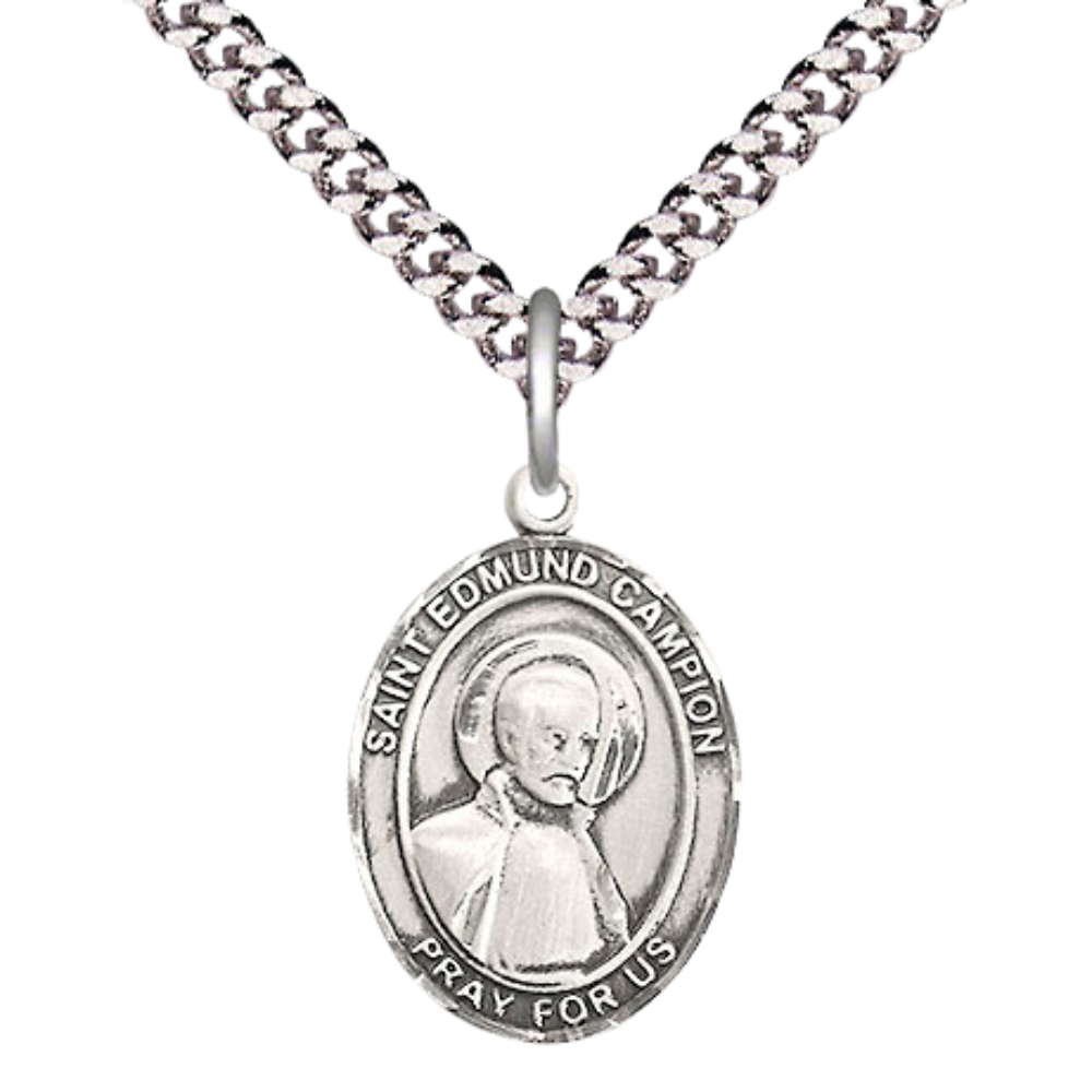 Everlasting Light Jewelry Medium Men's Pewter Saint St. Edmund Campion Medal Pendant on 24 Inch Endless Rhodium Plated Heavy Curb Brass Chain, Catholic Religious Necklace - Made in USA- Deluxe Velvet Gift Box