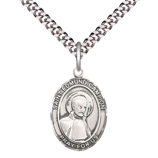 Medium Mens Oval .925 Sterling Silver Saint St. Edmund Campion Medal Pendant on 24 Inch Rhodium Plated Heavy Curb Brass Chain w/ Lobster Claw Clasp, Catholic Religious Necklace - Made in USA- Velvet Gift Box