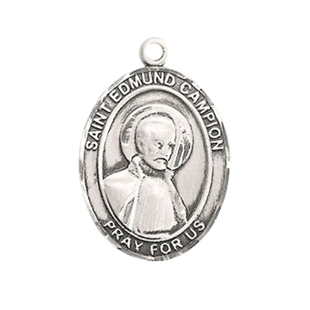 Everlasting Light Jewelry Medium Men's Pewter Saint St. Edmund Campion Medal Pendant on 24 Inch Endless Rhodium Plated Heavy Curb Brass Chain, Catholic Religious Necklace - Made in USA- Deluxe Velvet Gift Box