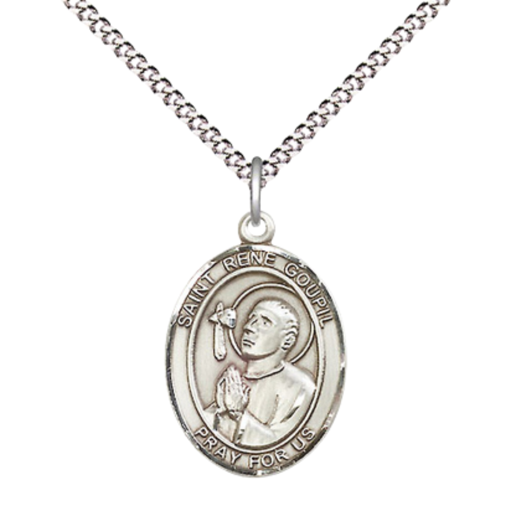 Medium Women's Pewter Saint St. Rene Goupil Pendant Necklace on 18- inch Rhodium- Plated Lite Curb Brass Chain – Saint St. Rene Goupil Medal – Patron Saint St. of Anesthesiologists, Catholic Medal – Velvet Gift Box Included