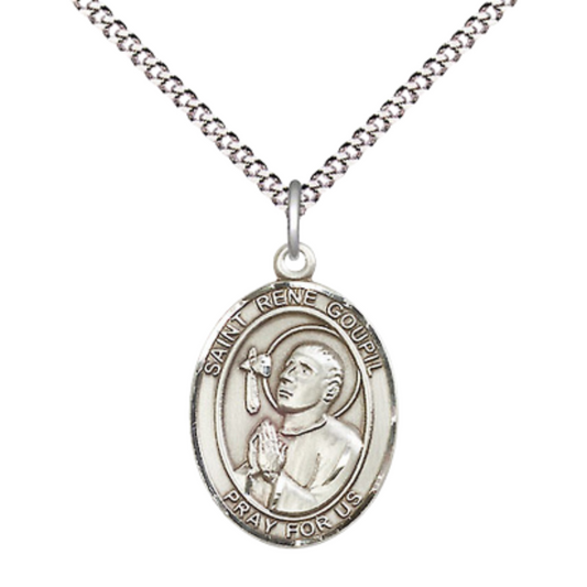 Medium Women's Pewter Saint St. Rene Goupil Pendant Necklace on 18- inch Rhodium- Plated Lite Curb Brass Chain – Saint St. Rene Goupil Medal – Patron Saint St. of Anesthesiologists, Catholic Medal – Velvet Gift Box Included