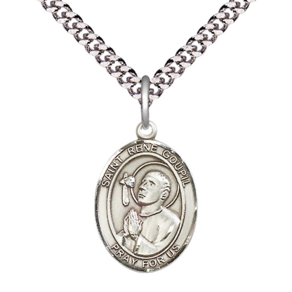 Everlasting Light Jewelry Medium Men's Pewter Saint St. Rene Goupil Medal Pendant on 24 Inch Endless Rhodium Plated Heavy Curb Brass Chain, Catholic Religious Necklace - Made in USA- Deluxe Velvet Gift Box