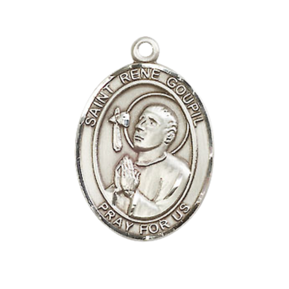 Everlasting Light Jewelry Medium Men's Pewter Saint St. Rene Goupil Medal Pendant on 24 Inch Endless Rhodium Plated Heavy Curb Brass Chain, Catholic Religious Necklace - Made in USA- Deluxe Velvet Gift Box