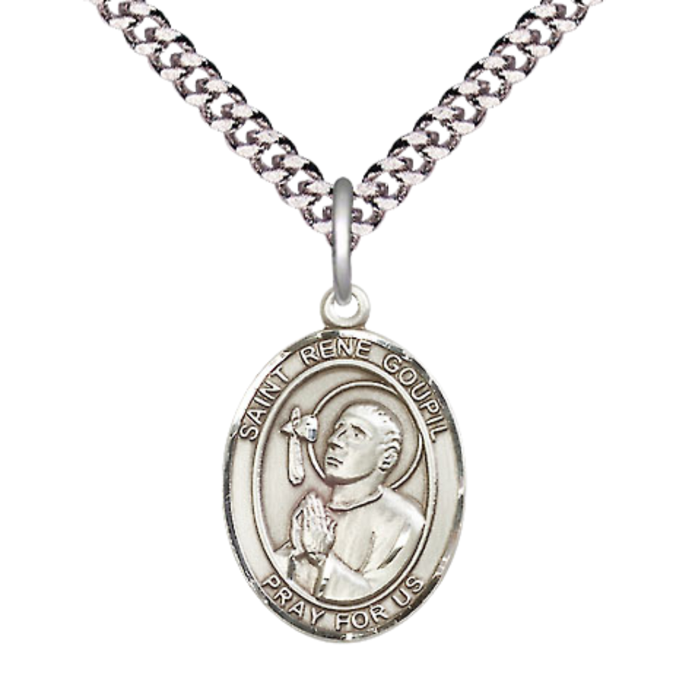 Mens Medium Oval .925 Sterling Silver Saint St. Rene Goupil Medal Pendant on 24 Inch Rhodium Plated Heavy Curb Brass Chain w/ Lobster Claw Clasp, Catholic Religious Necklace - Made in USA- Velvet Gift Box