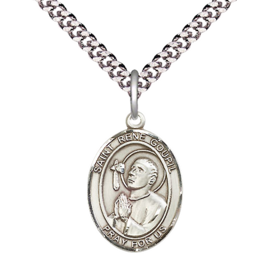 Mens Medium Oval .925 Sterling Silver Saint St. Rene Goupil Medal Pendant on 24 Inch Rhodium Plated Heavy Curb Brass Chain w/ Lobster Claw Clasp, Catholic Religious Necklace - Made in USA- Velvet Gift Box