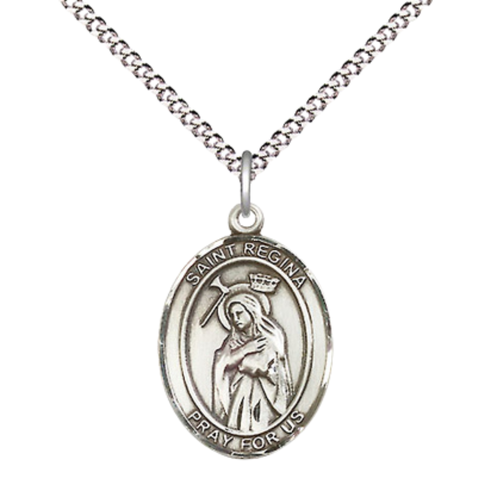Everlasting Light Jewelry Medium Women's Pewter Saint St. Regina Pendant Necklace on 18- inch Rhodium- Plated Lite Curb Brass Chain – Saint St. Regina Medal – Patron Against Poverty, Catholic Medal – Velvet Gift Box Included