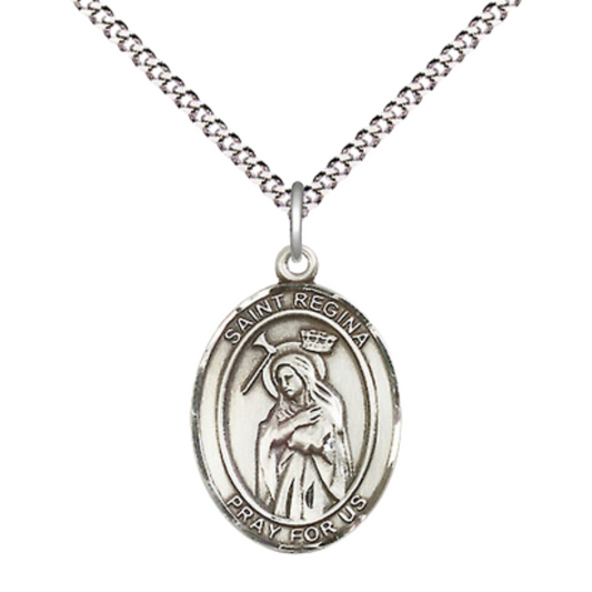 Everlasting Light Jewelry Medium Women's Pewter Saint St. Regina Pendant Necklace on 18- inch Rhodium- Plated Lite Curb Brass Chain – Saint St. Regina Medal – Patron Against Poverty, Catholic Medal – Velvet Gift Box Included