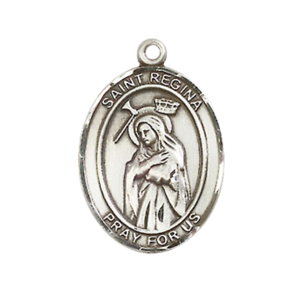 Mens Medium Oval .925 Sterling Silver Saint St. Regina Medal Pendant on 24 Inch Rhodium Plated Heavy Curb Brass Chain w/ Lobster Claw Clasp, Catholic Religious Necklace - Made in USA- Velvet Gift Box