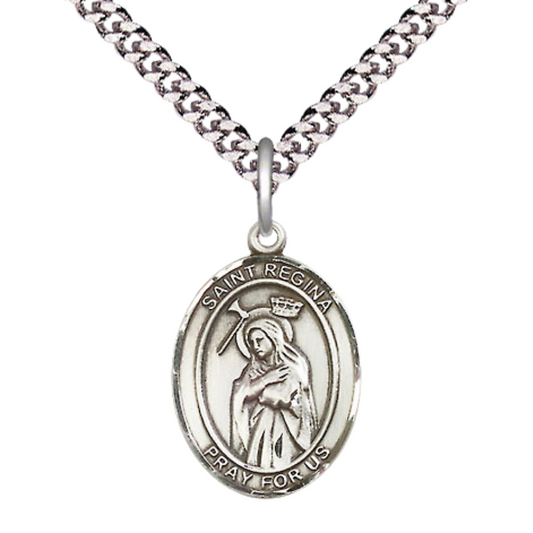 Everlasting Light Jewelry Medium Men's Pewter Saint St. Regina Medal Pendant on 24 Inch Endless Rhodium Plated Heavy Curb Brass Chain, Catholic Religious Necklace - Made in USA- Deluxe Velvet Gift Box