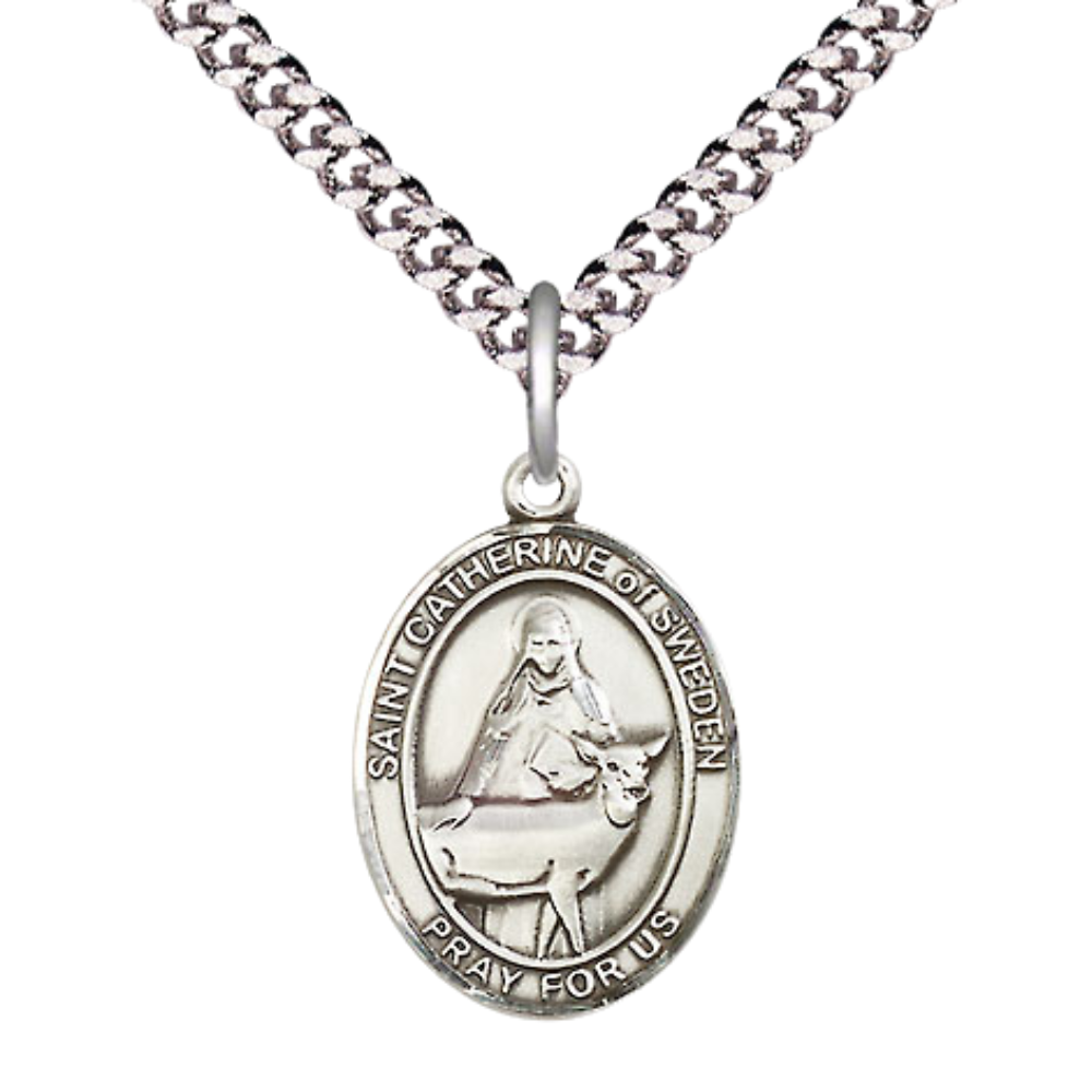 Medium Men's .925 Sterling Silver Saint St. Catherine of Sweden Medal Pendant on 24 Inch Endless Rhodium Plated Heavy Curb Brass Chain, Catholic Religious Necklace - Made in USA- Deluxe Velvet Gift Box