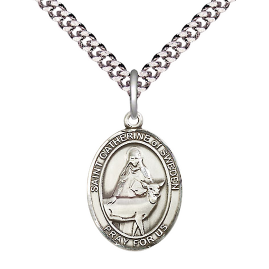 Medium Men's .925 Sterling Silver Saint St. Catherine of Sweden Medal Pendant on 24 Inch Endless Rhodium Plated Heavy Curb Brass Chain, Catholic Religious Necklace - Made in USA- Deluxe Velvet Gift Box
