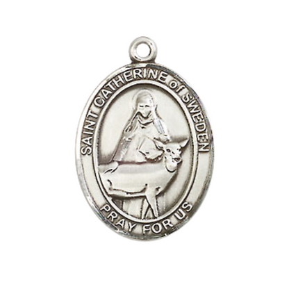 Medium Men's Pewter Saint St. Catherine of Sweden Medal Pendant on 24 Inch Endless Rhodium Plated Heavy Curb Brass Chain, Catholic Religious Necklace - Made in USA- Deluxe Velvet Gift Box