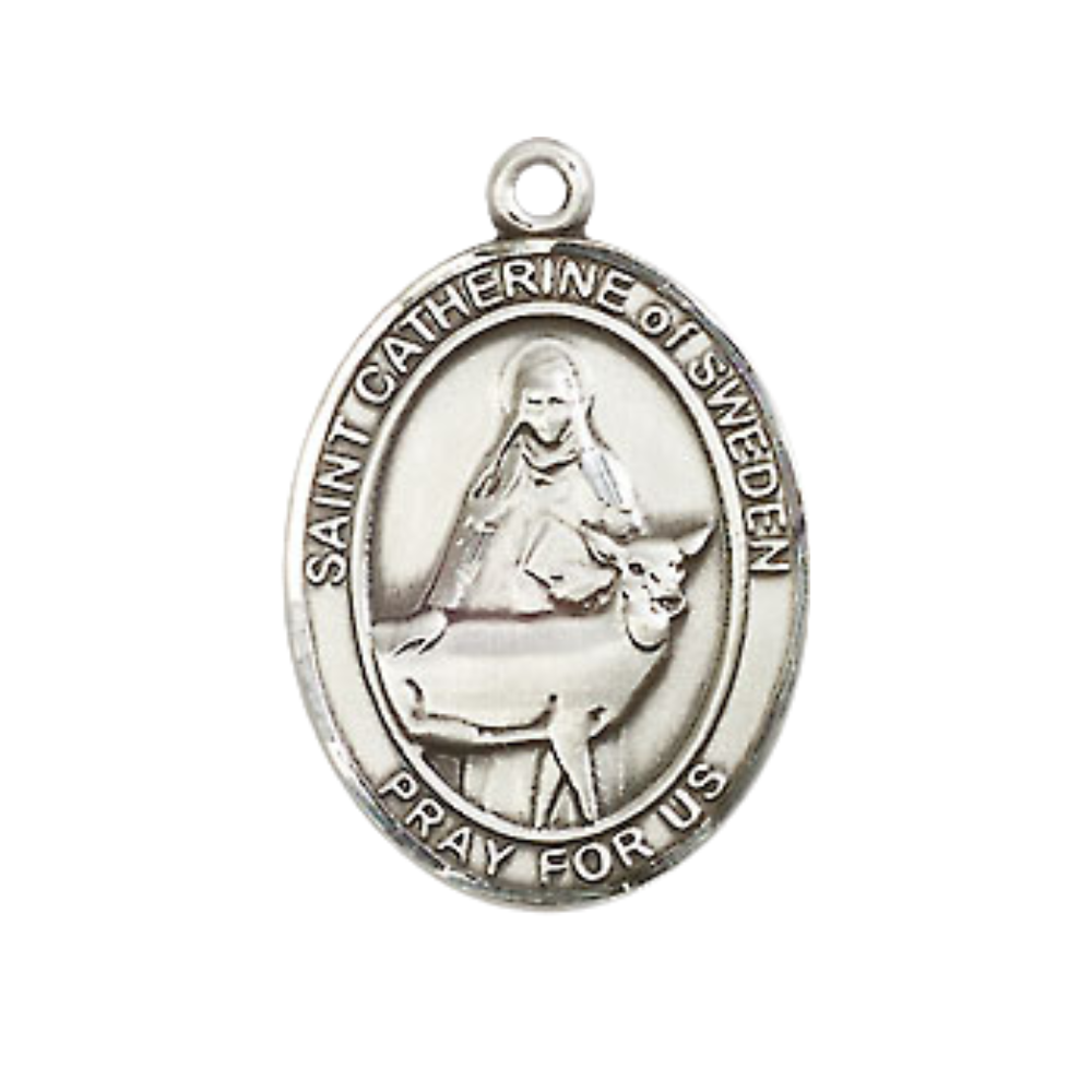 Medium Mens Oval .925 Sterling Silver Saint St. Catherine of Sweden Medal Pendant on 24 Inch Rhodium Plated Heavy Curb Brass Chain w/ Lobster Claw Clasp, Catholic Religious Necklace - Made in USA- Gift Boxed