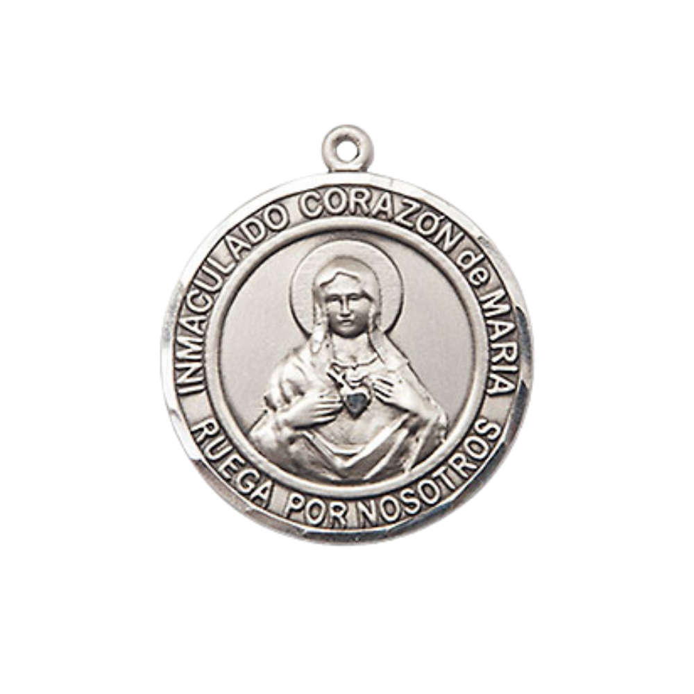 Medium Women's .925 Sterling Silver Corazon Inmaculado de Maria Pendant Necklace – ¾” x ?” Medal on 18 Inch Rhodium- Plated Lite Curb Brass Chain with Lobster Claw Clasp – Immaculate Heart of Mary, Catholic Medal – Velvet Gift Box