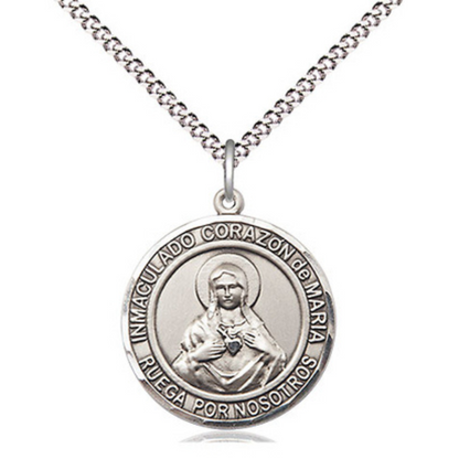 Everlasting Light Jewelry Spanish Script Women's Pewter Corazon Inmaculado de Maria Medal Pendant on 18 Inch Rhodium Plated Lite Curb Brass Chain, Catholic Religious Necklace - Made in USA, Deluxe Velvet Gift Box