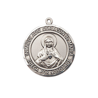 Everlasting Light Jewelry Spanish Script Men's Pewter Corazon Inmaculado de Maria Medal Pendant on 24 Inch Endless Rhodium Plated Heavy Curb Chain, Catholic Religious Necklace - Made in USA, Deluxe Velvet Gift Box.