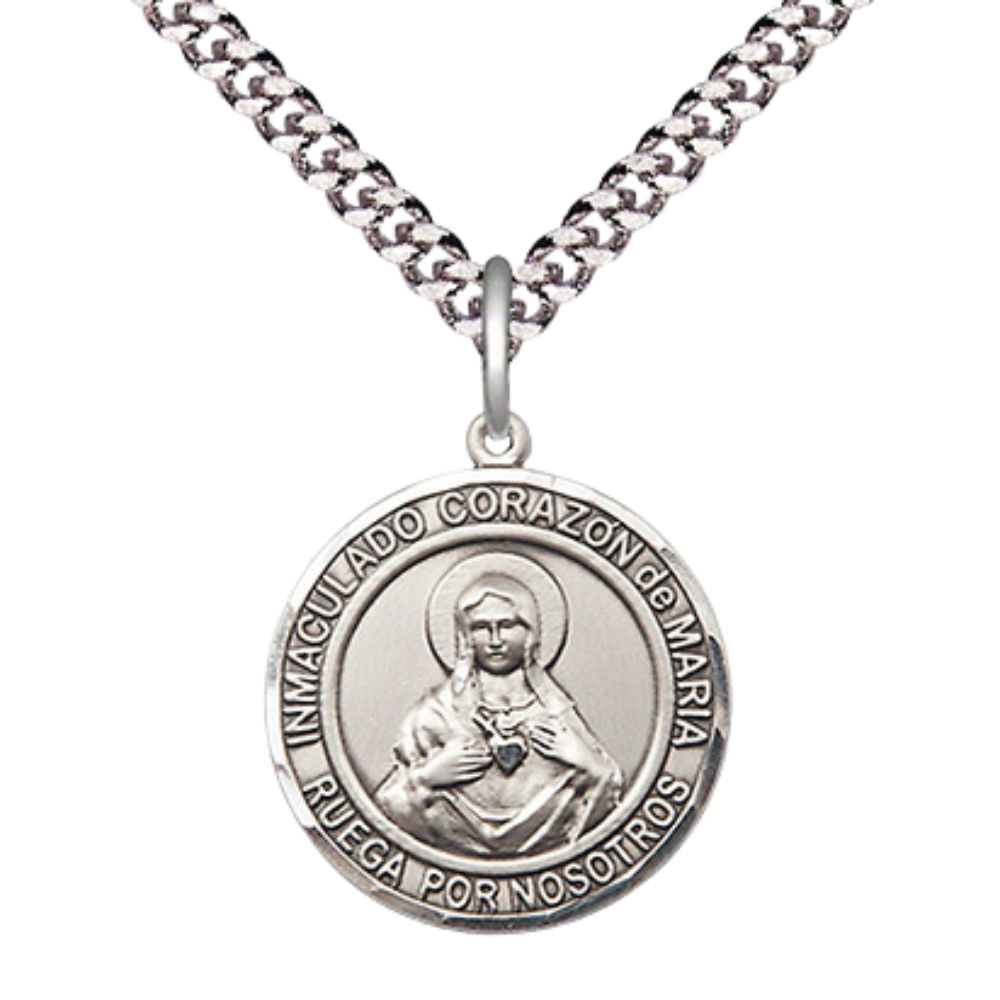 Everlasting Light Jewelry Spanish Script Men's Pewter Corazon Inmaculado de Maria Medal Pendant on 24 Inch Endless Rhodium Plated Heavy Curb Chain, Catholic Religious Necklace - Made in USA, Deluxe Velvet Gift Box.