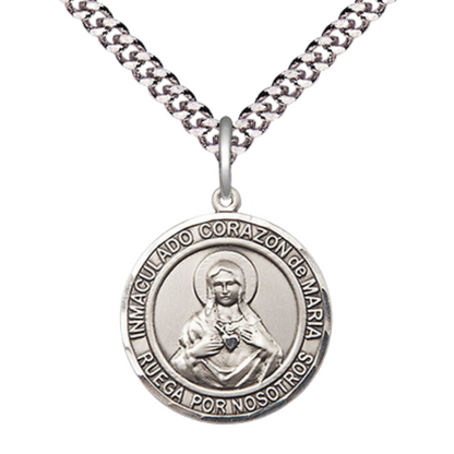 Everlasting Light Jewelry Spanish Script Men's Pewter Corazon Inmaculado de Maria Medal Pendant on 24 Inch Endless Rhodium Plated Heavy Curb Chain, Catholic Religious Necklace - Made in USA, Deluxe Velvet Gift Box.