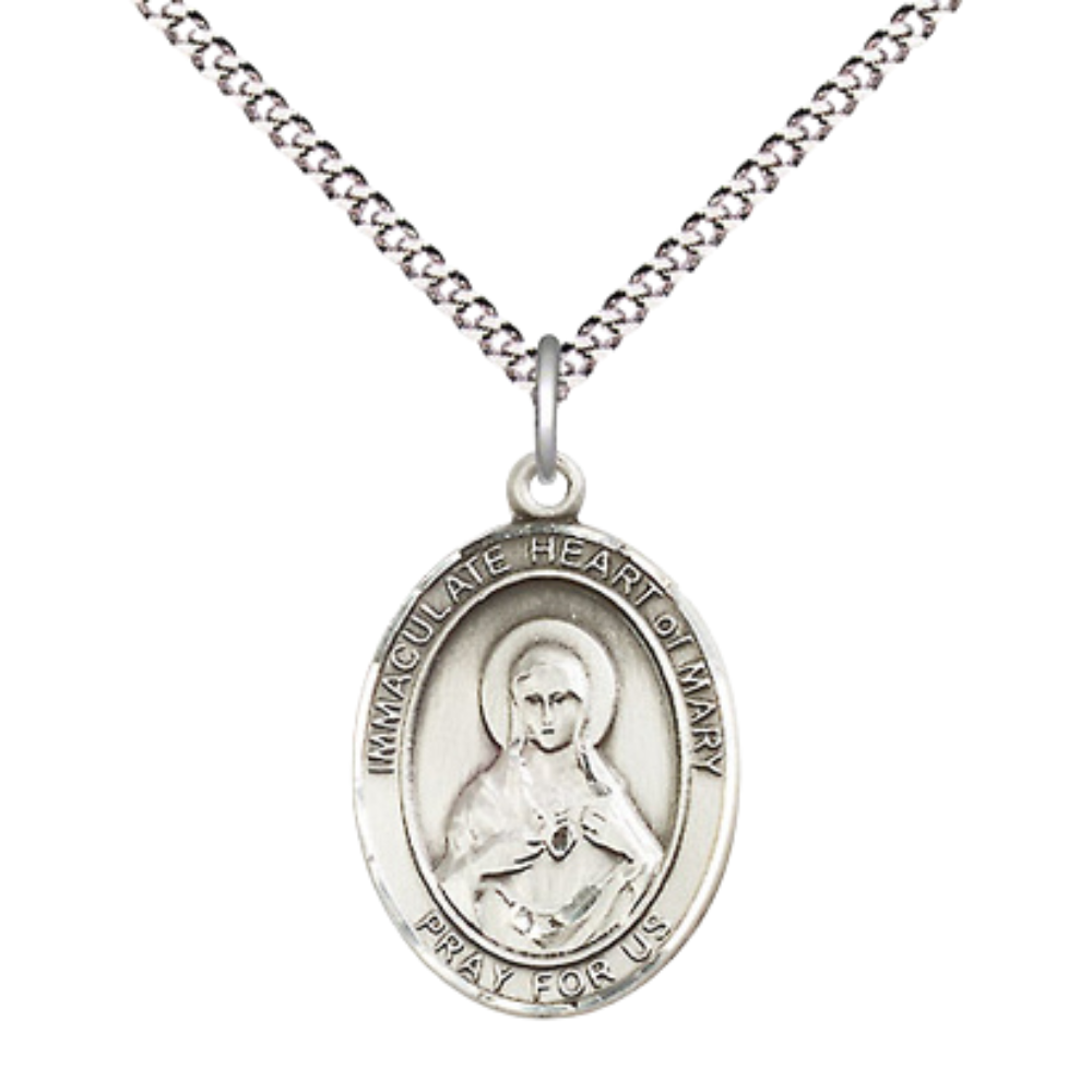 .925 Sterling Silver Immaculate Heart of Mary Medal Pendant on 18 Inch Rhodium Plated Lite Curb Brass Chain w/ Lobster Claw Clasp, Catholic Religious Necklace - Made in USA- Prayer Card Included