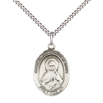 .925 Sterling Silver Immaculate Heart of Mary Medal Pendant on 18 Inch Rhodium Plated Lite Curb Brass Chain w/ Lobster Claw Clasp, Catholic Religious Necklace - Made in USA- Prayer Card Included