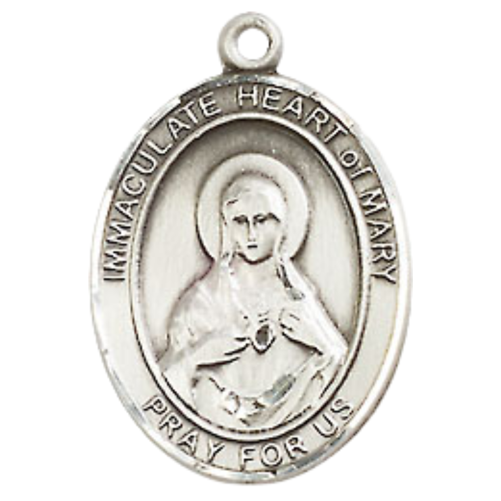 .925 Sterling Silver Immaculate Heart of Mary Medal Pendant on 18 Inch Rhodium Plated Lite Curb Brass Chain w/ Lobster Claw Clasp, Catholic Religious Necklace - Made in USA- Prayer Card Included