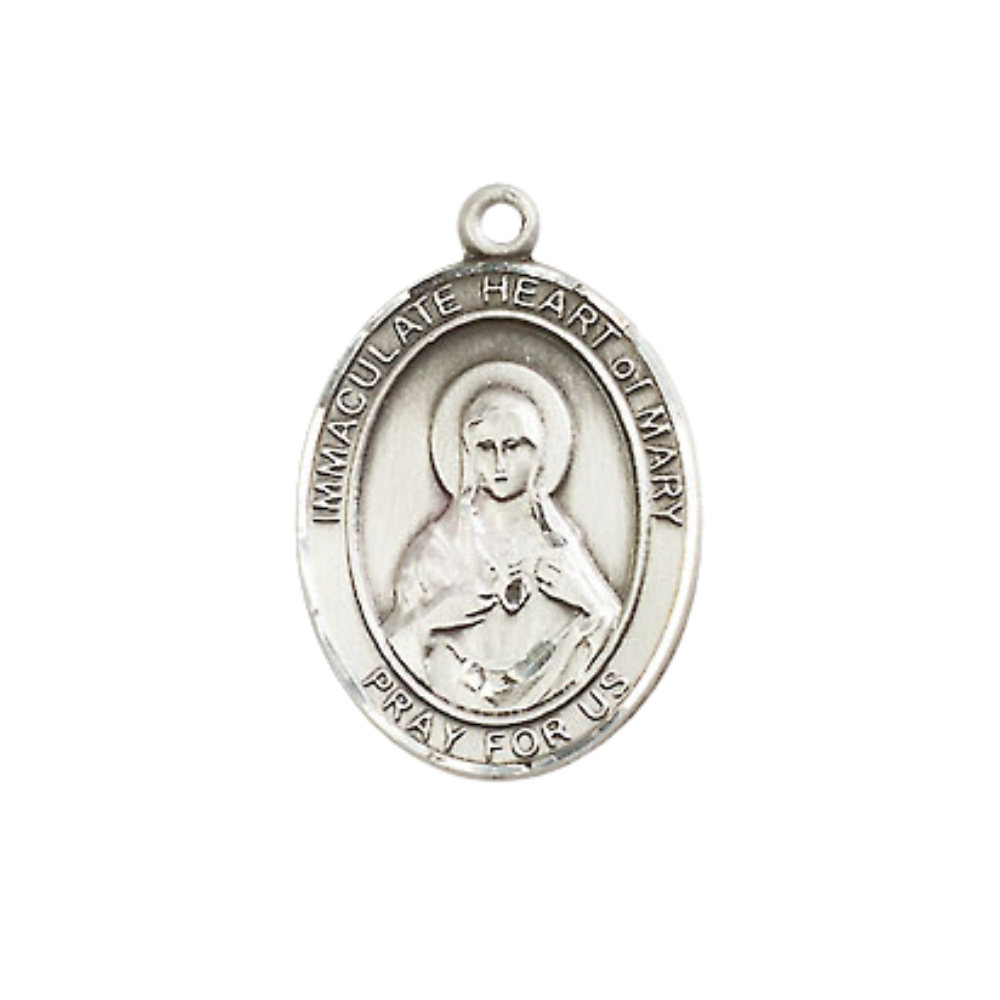 Mens Medium Oval Pewter Immaculate Heart of Mary Medal Pendant on 24" Rhodium Plated Heavy Curb Brass Chain w/ Lobster Claw Clasp, Catholic Religious Necklace -Made in USA-Velvet Gift Box