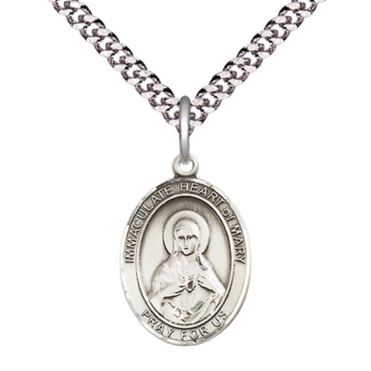 Mens Medium Oval Pewter Immaculate Heart of Mary Medal Pendant on 24" Rhodium Plated Heavy Curb Brass Chain w/ Lobster Claw Clasp, Catholic Religious Necklace -Made in USA-Velvet Gift Box