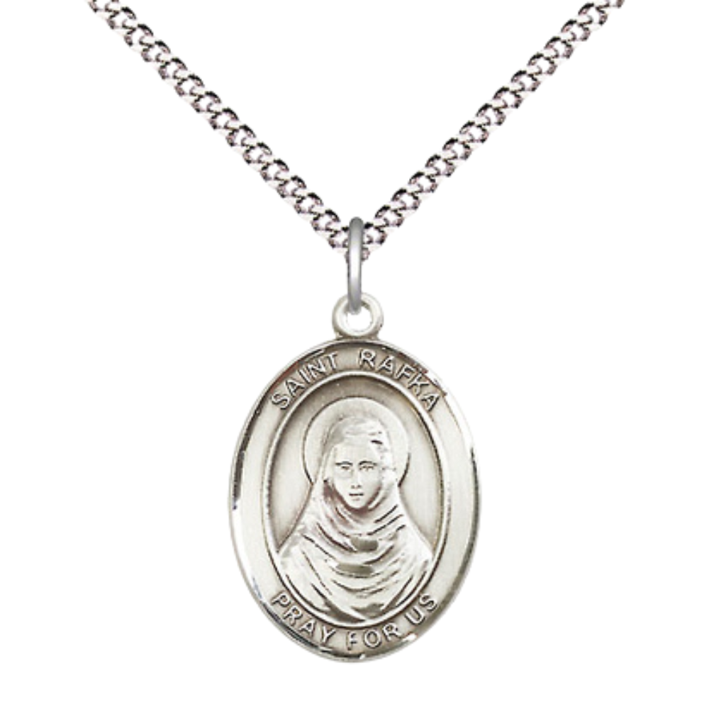 Everlasting Light Jewelry Medium Women's .925 Sterling Silver Saint St. Rafka Pendant Necklace on 18- inch Rhodium- Plated Lite Curb Brass Chain – Catholic Religious Medal Necklace – Velvet Gift Box Included