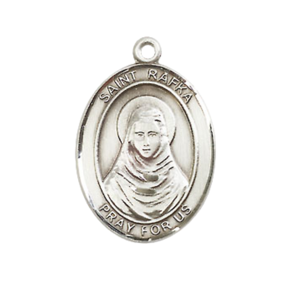 Everlasting Light Jewelry Medium Men's Pewter Saint St. Rafka Medal Pendant on 24 Inch Endless Rhodium Plated Heavy Curb Brass Chain, Catholic Religious Necklace - Made in USA- Deluxe Velvet Gift Box
