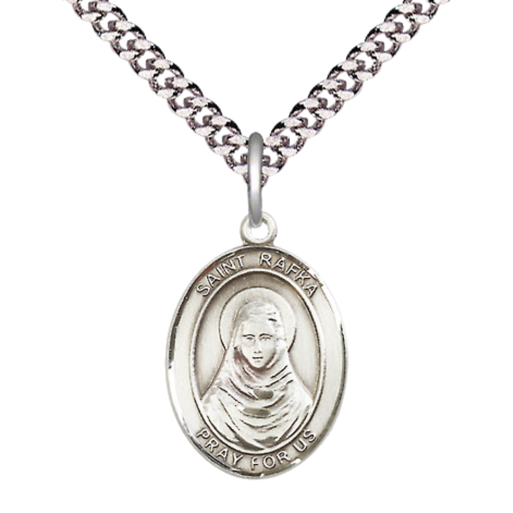 Everlasting Light Jewelry Medium Men's Pewter Saint St. Rafka Medal Pendant on 24 Inch Endless Rhodium Plated Heavy Curb Brass Chain, Catholic Religious Necklace - Made in USA- Deluxe Velvet Gift Box