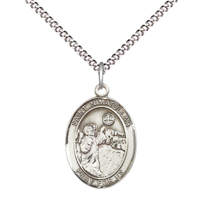 Medium Women's Pewter Saint St. Nimatullah Pendant Necklace on 18- inch Rhodium- Plated Lite Curb Brass Chain – Saint St. Nimatullah Medal – Catholic Devotional Necklace – Velvet Gift Box Included
