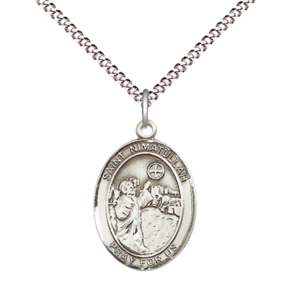 Everlasting Light Jewelry Medium Women's .925 Sterling Silver Saint St. Nimatullah Pendant Necklace on 18- inch Rhodium- Plated Lite Curb Brass Chain – Catholic Religious Medal Necklace – Velvet Gift Box Included