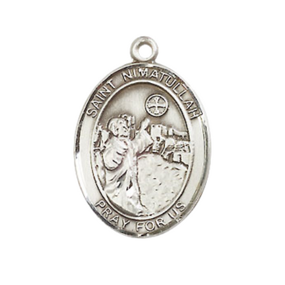Mens Medium Oval .925 Sterling Silver Saint St. Nimatullah Medal Pendant on 24 Inch Rhodium Plated Heavy Curb Brass Chain w/ Lobster Claw Clasp, Catholic Religious Necklace - Made in USA- Velvet Gift Box