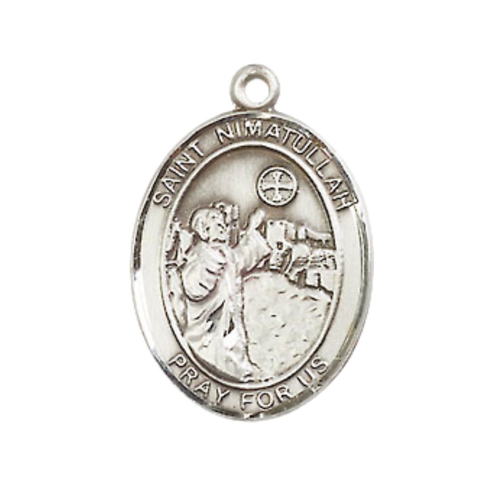 Medium Men's .925 Sterling Silver Saint St. Nimatullah Medal Pendant on 24 Inch Endless Rhodium Plated Heavy Curb Brass Chain, Catholic Religious Necklace - Made in USA- Deluxe Velvet Gift Box