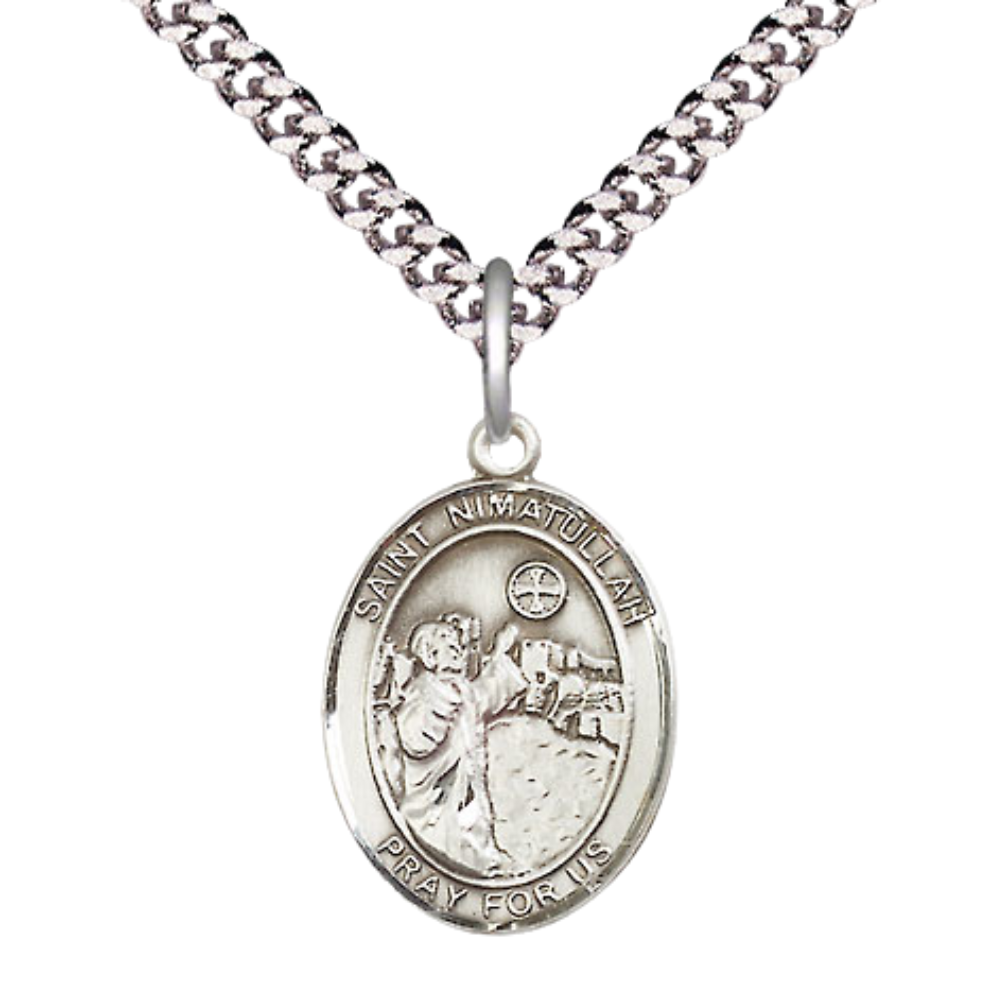 Medium Men's .925 Sterling Silver Saint St. Nimatullah Medal Pendant on 24 Inch Endless Rhodium Plated Heavy Curb Brass Chain, Catholic Religious Necklace - Made in USA- Deluxe Velvet Gift Box