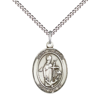 Medium Women's Pewter Saint St. Clement Pendant Necklace on 18- inch Rhodium- Plated Lite Curb Brass Chain – Saint St. Clement Medal, Catholic Medal - Patron Saint. of Sailors & Sick Young Offspring– Velvet Gift Box Included