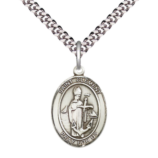 Men's .925 Sterling Silver Saint St. Clement Medium Medal Pendant on 24 Inch Endless Rhodium Plated Heavy Curb Brass Chain, Catholic Religious Necklace - Made in USA- Deluxe Velvet Gift Box